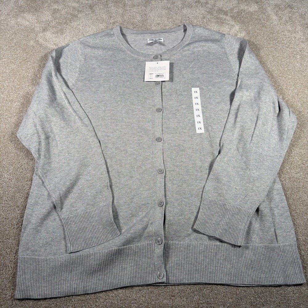 Croft And Barrow Women's Long Sleeve Button Cardigan Sweater 1X Gray Sparkle NEW